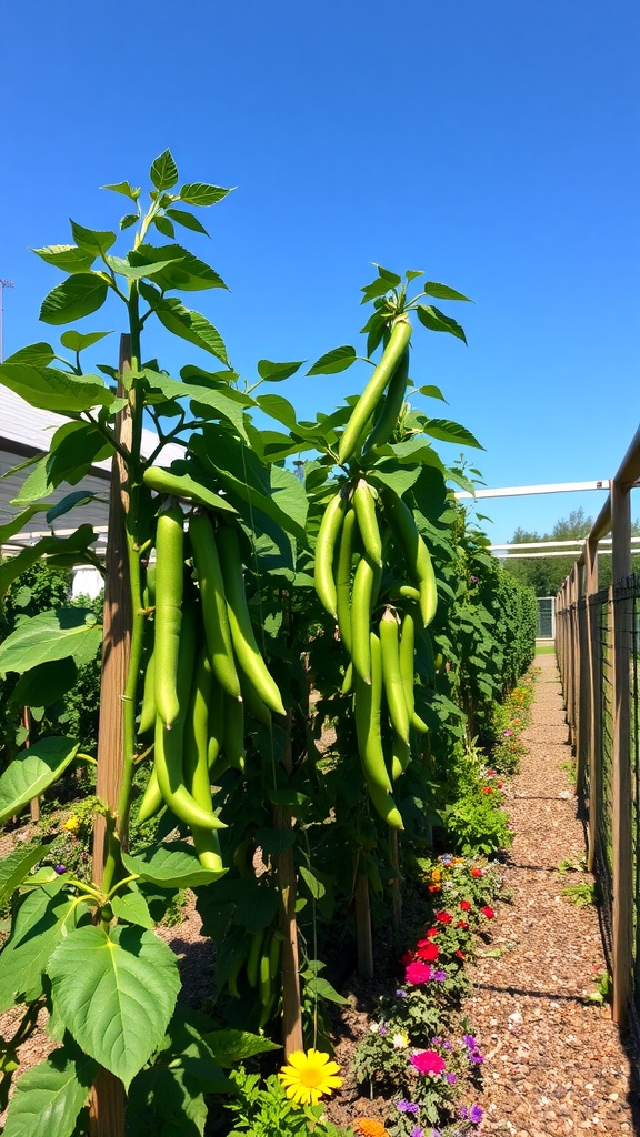 Healthy green bean plants growing in a sunny garden with trellises.